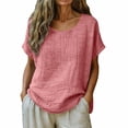 thumbnail image 1 of aohooy Linen Womens Tops Crew Neck Short Sleeve Tshirts Plus Size Gauze Casual Dressy Blouse Boho Summer Loose Fit Tunic Hot Pink,XL, 1 of 7
