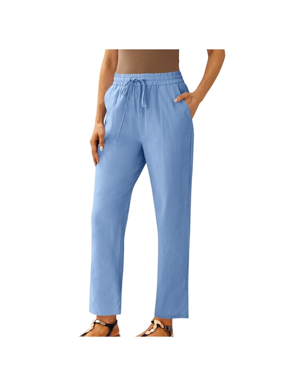 Linen Yoga Pants Women Petite High Waisted Straight Leg Casual Cotton Trousers Elastic Waist Drawstring with Pockets Blue,XL