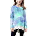 thumbnail image 1 of aohooy Long Sleeve Shirts for Teens Tie Dye Boho Casual Crewneck Tunic Lace Trim Hem Trendy Blouses Cute Fall Pullover Loose Soft Tops Mint Green,12-13Years, 1 of 6
