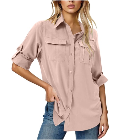 aohooy Long Sleeve Uv Protection Shirts Women Collared Button Down Sun Protection Cargo Tees Quick Dry Safari Fishing Hiking Travel Outdoor Tops Pink,M