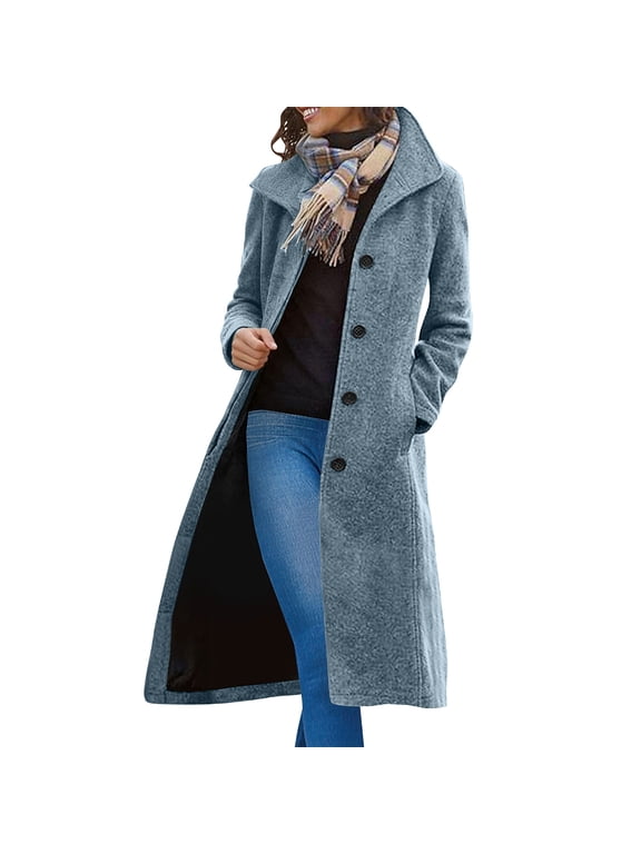 Long Wool Winter Coats for Women - Oversized Notched Lapel Single Breasted Trench Coat Warm Dressy Thick Overcoat with Pockets Navy,L