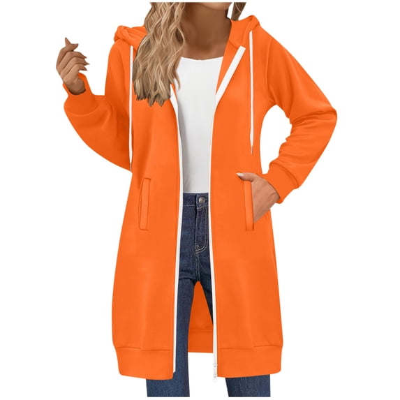 aohooy Long Zip Up Hoodie Women Oversized Long Sleeve Pullover Tunic Sweatshirts with Pockets Athletic Lightweight Plus Size Orange,S