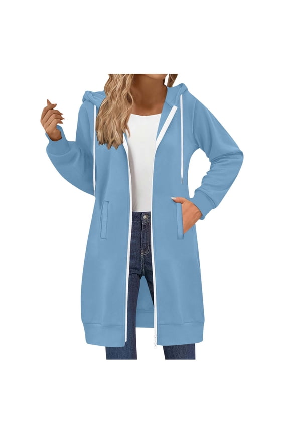 Long Zip Up Hoodie Women Plus Size Oversized Fleece Tunic Sweatshirts Casual Long Sleeve Full Zip Jacket Coat with Pocket Light Blue,XXL