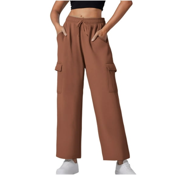 aohooy Low Waisted Cargo Pants for Women Drawstring Elastic Waist Plus Size Loose Pant Wide Leg Stretchy Trousers with Multi Pockets Coffee,XXL