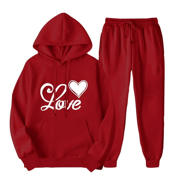 aohooy Matching Hoodie and Sweatpants Women,Jogger Sets for Women 2 Piece Set Trendy Heart Printed Two Piece Hooded Sweatshirt and Drawstring Sweatpants Sets 2024 Red,L