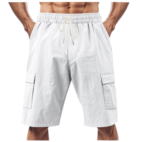 aohooy Men's 5 Inseam Lightweight Linen Shorts Summer Casual Beach Cargo Pants Multiple Pockets Elastic Drawstring Waist Shorts White,S