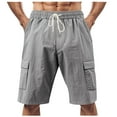 thumbnail image 1 of aohooy Men's Elastic Waist Linen Shorts Summer Casual Beach Cargo Pants Multiple Pockets Drawstring Lightweight 5 Inseam Shorts Gray,XXXL, 1 of 9