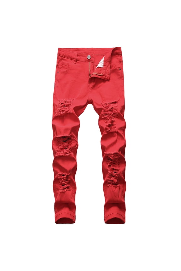 Men's High Waist Straight Fit Stretch Jeans Fashion Ripped Skinny Slim Fit Hip Hop Distressed Destroyed Denim Pant Red,XL