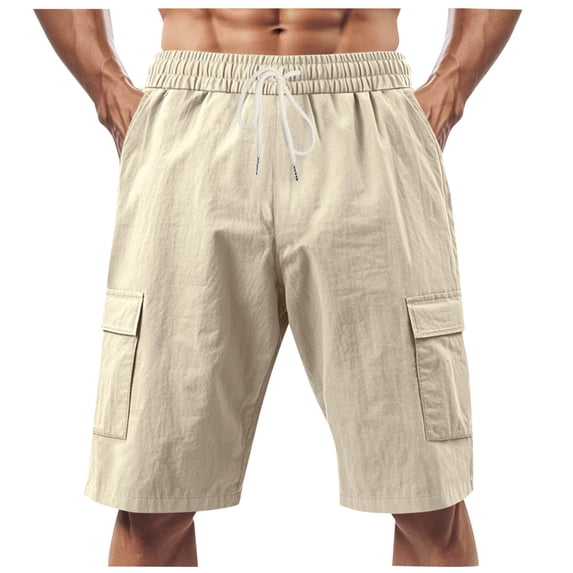 aohooy Men's Summer Beach Linen Shorts Casual Cargo Pants Multiple Pockets Elastic Drawstring Waist Lightweight 5 Inseam Shorts Khaki,L
