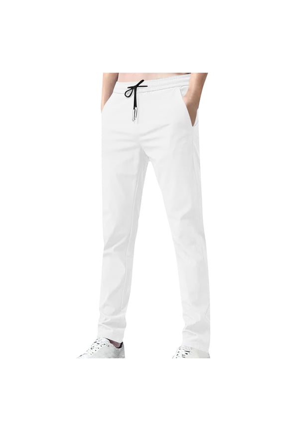 Mens Athletic Wind Pants Quick Dry Drawstring Elastic Waist Pant Lightweight Active Straight Leg Trousers with Pockets White,XL