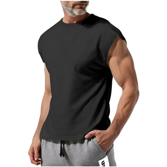 aohooy Mens Beach Tank Tops Loose Fit Summer Casual Solid Color Vests Streetwear Fashion Lightweight Sleeveless Crewneck Tees Black,XXXL