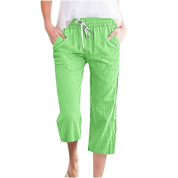 aohooy Mint Green Capri Pants for Women,Capri Pants for Women Casual Summer Drawstring Elastic Waist Linen Pant Straight Leg Trouser with Pockets 2024 Mint Green,XL
