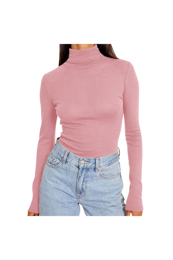 Mock Turtleneck Long Sleeve Shirts for Plus Size Women Slim Fitted Lightweight Base Layer Stretch Soft Casual Tops 2026 Pink,M