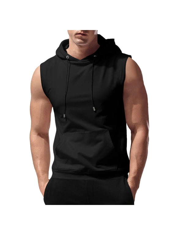 Muscle Shirt for Men Drawstring Workout Hooded Sleeveless Gym Tank Tops Summer Bodybuilding Training Vests Black,S