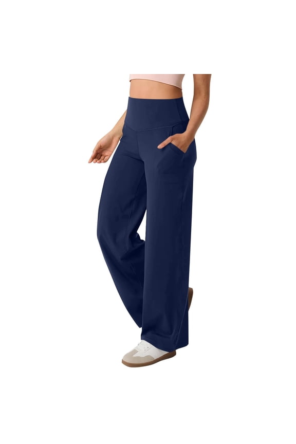 Nice Pants for Woman Wide Straight Leg High Waisted Workout Sweatpant Tummy Control Stretchy Bootcut Solid Pull On Pant Navy,XXL