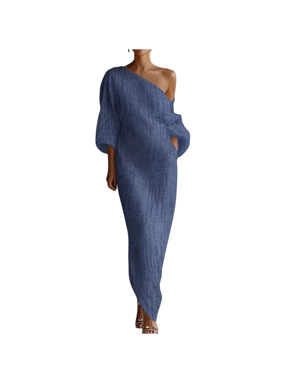 Off Shoulder Dresses for Women,Womens One Shoulder Maxi Dress Formal Asymmetrical Split Hem Elegant Vintage Boho Dress Blue,S