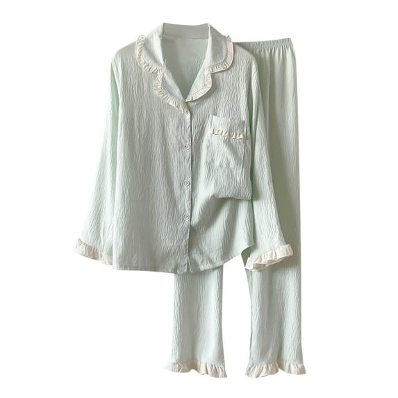 aohooy Pajama Set Petite Women Cotton Gauze 2 Piece Ruffle Pj Set Long Sleeve Button Down Sleepwear Suit Loungewear Green,L