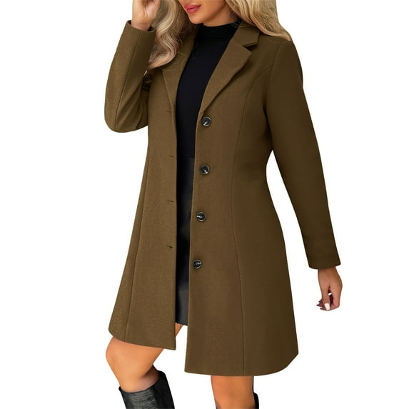 aohooy Pea Coat Womens Thicken Single Breasted Stand Collar Trench Coat Plus Size A-Line Long Sleeve Overcoat Brown,XL