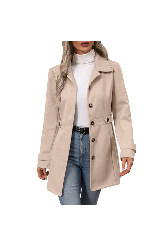 Pea Coats for Women Petite Lapel Collar Single Breasted Trench Coat Winter Long Sleeve Outerwear Overcoat Beige,L