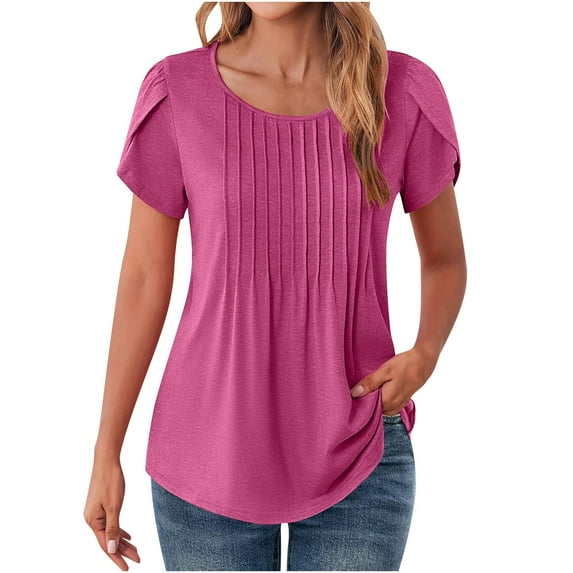 aohooy Petal Sleeve Tops for Women Summer Dressy Casual Crew Neck Shirts Solid Color Blouse Pleated Tunics to Wear with Leggings 2025 Pink,M