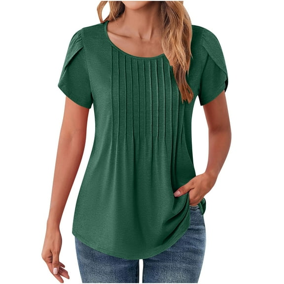 aohooy Petal Sleeve Tshirt for Women Summer Dressy Casual Crew Neck Shirts Solid Blouse Pleated Tunics to Wear with Leggings 2025 Green,L