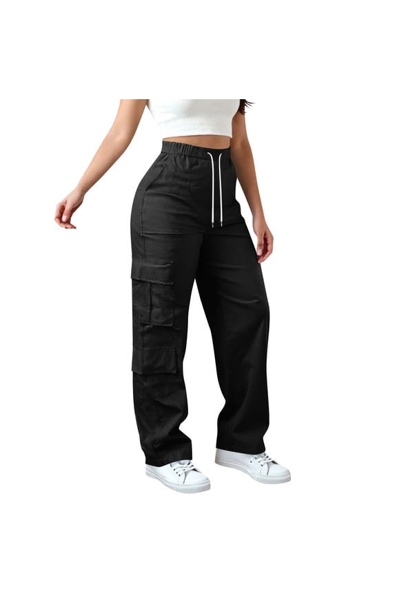 Petite Cargo Pants Drawstring Wide Leg High Waisted Baggy Sweatpants Multi Pockets Athletic Jogging Workout Trousers Black,S