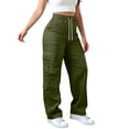 thumbnail image 1 of aohooy Petite Cargo Pants for Women Drawstring Wide Leg High Waisted Baggy Sweatpants Multi Pockets Athletic Jogging Workout Trousers Army Green,L, 1 of 9