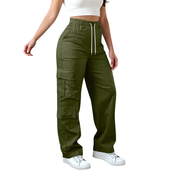 aohooy Petite Cargo Pants for Women Drawstring Wide Leg High Waisted Baggy Sweatpants Multi Pockets Athletic Jogging Workout Trousers Army Green,L