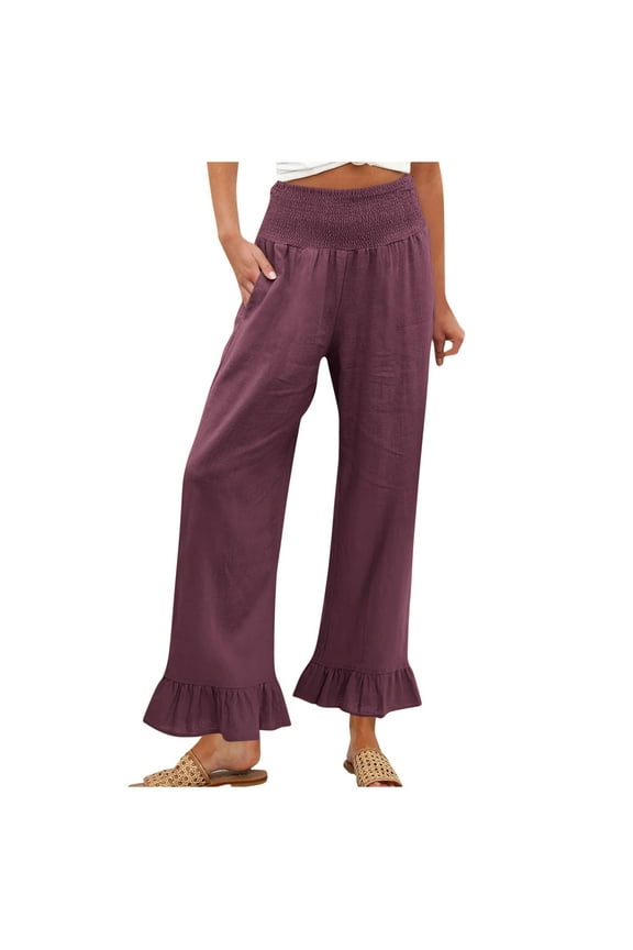 Petite Linen Pants for Women Petite Length Casual Wide Leg Ruffle Hem Palazzo Pant Smocked Elastic High Waist Loose Fit Trousers with Pockets Purple,XXL