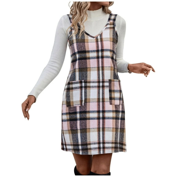 aohooy Plaid Pinafore Dress Women Fall Winter V Neck Flannel Sleeveless Dresses Wide Strpas Pockets Mini Skirts Pink,XL