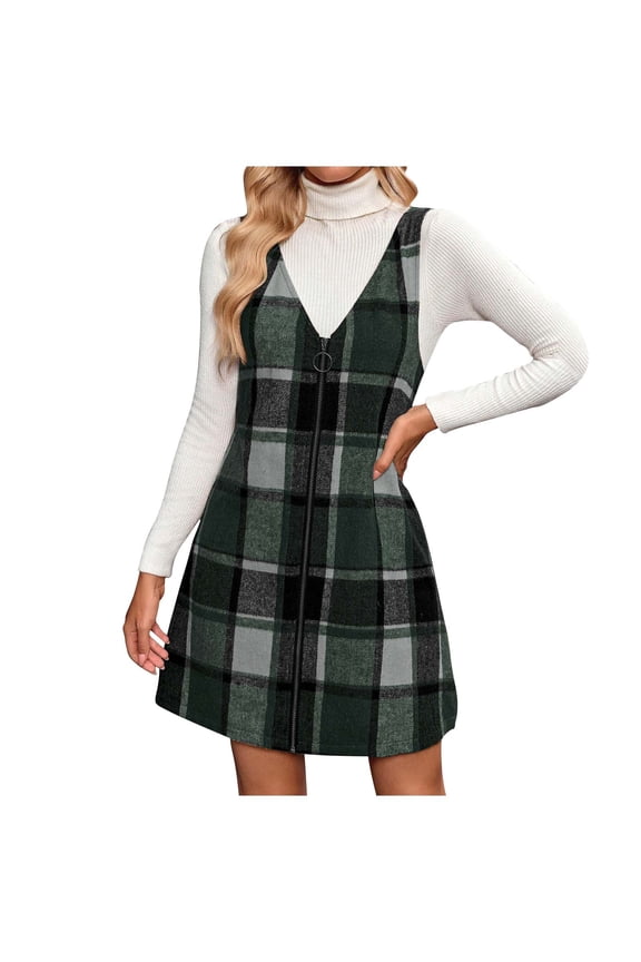 Plaid Romper Dress Women Zip Up V Neck Sleeveless Jumper Dresses Flannel Wool Blend Skirts Green,L