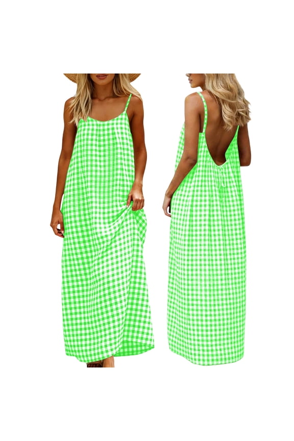 Plaid Summer Maxi Dresses for Women Casual Sleeveless Backless Cami Dress Loose Spaghetti Strap Cotton Linen Sundress 2026 Mint Green,XXL