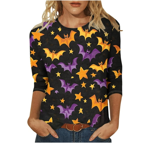 aohooy Plus Size 3/4 Sleeve Tops for Women 3/4 Sleeve Crewneck Shirt Funny Holiday Tees Pumpkin Witch Ghost Graphic Tee Pullover Tops Multicolor,XXL