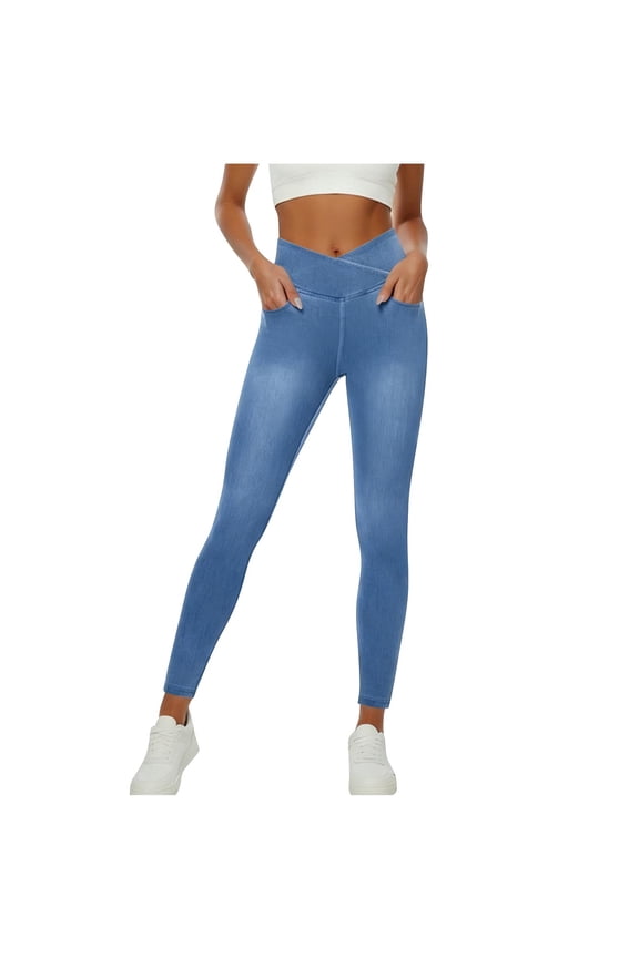 Plus Size Denim Leggings for Women High Waisted Crossover Stretchy Pull on Yoga Faux Jean Pant Skinny Tummy Control Slim Fit Trousers with Pockets Light Blue,XXL