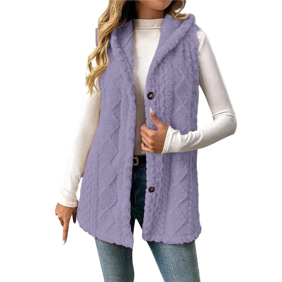 aohooy Plus Size Fleece Vests for Women,Sleeveless Sherpa Button Up Vest with Hood Oversized Fuzzy Lightweight Outerwear Gilet Purple,XXXXXL
