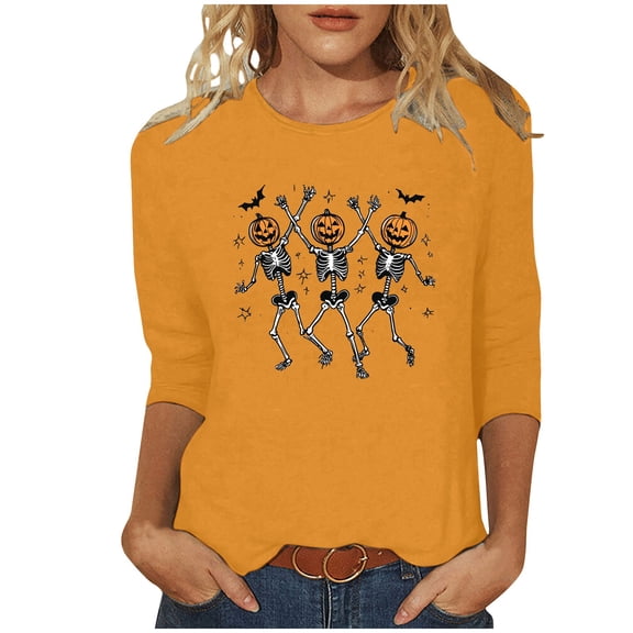aohooy Plus Size Halloween Tee Shirts for Women 3/4 Sleeve Crewneck Shirt Funny Holiday Tees Pumpkin Witch Ghost Graphic Tee Pullover Tops Yellow,M