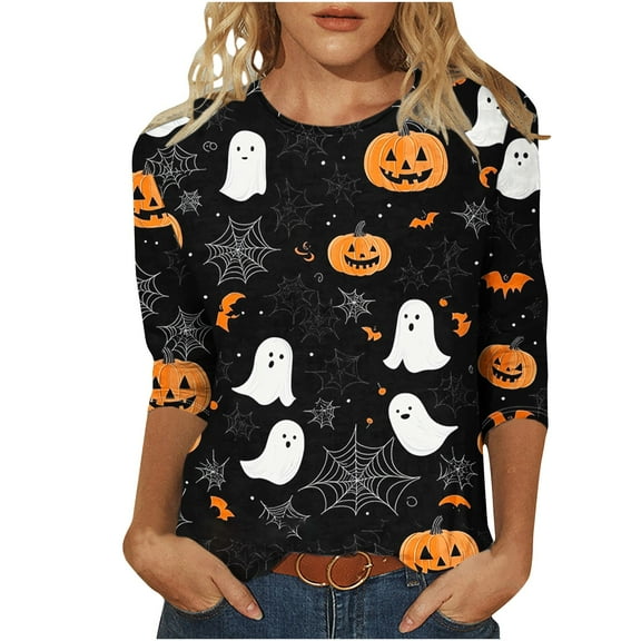 aohooy Plus Size Halloween Tunics for Women 3/4 Sleeve Crewneck Shirt Funny Holiday Tees Pumpkin Witch Ghost Graphic Tee Pullover Tops Multicolor,XXL
