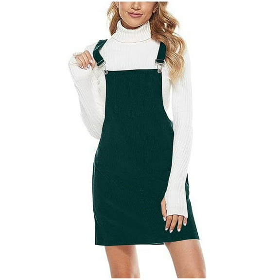aohooy Plus Size Overall Dress for Curvy Women Corduroy Overalls Bib Dresses Adjustable Straps Pinafore Suspender Skirt Jumper Green,M
