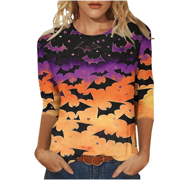 aohooy Plus Size Tops for Women Halloween 3/4 Sleeve Crewneck Shirt Funny Holiday Tees Pumpkin Witch Ghost Graphic Tee Pullover Tops Multicolor,L