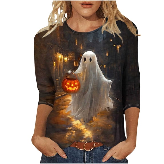 aohooy Plus Size Tops for Women Halloween Three Quarter Sleeve Funny Graphic T-Shirts Holiday Festivel Party Crewneck Tunic Tops Multicolor,M