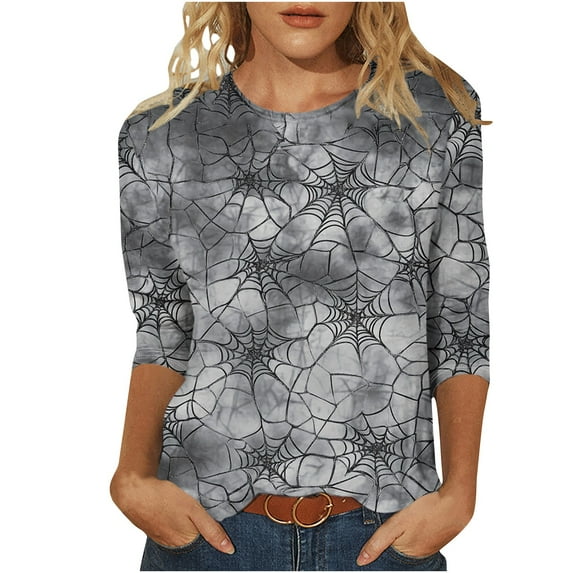aohooy Plus Size Women Halloween Shirts 3/4 Sleeve Crewneck Shirt Funny Holiday Tees Pumpkin Witch Ghost Graphic Tee Pullover Tops Multicolor,XL