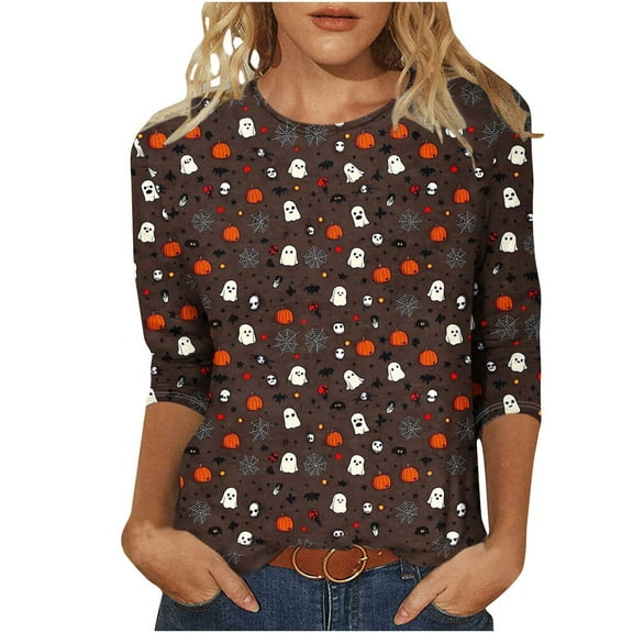 aohooy Plus Size Women Halloween Shirts Three Quarter Sleeve Funny Graphic T-Shirts Holiday Festivel Party Crewneck Tunic Tops Multicolor,XXXXL