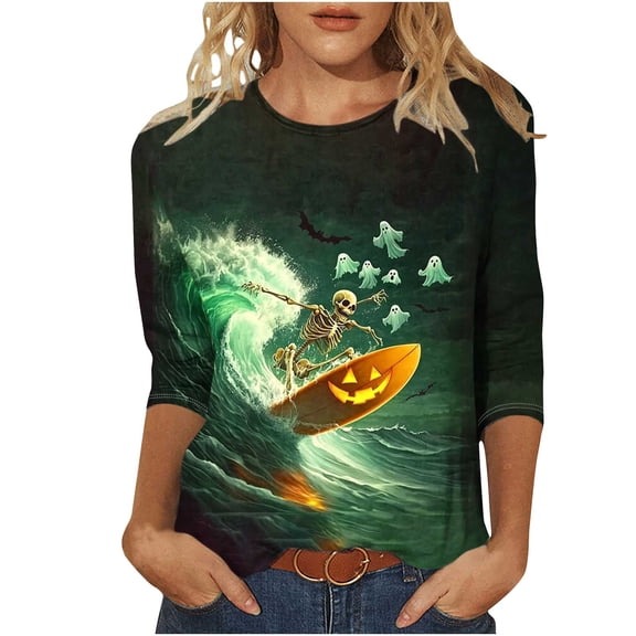 aohooy Plus Size Women Halloween Tops Three Quarter Sleeve Funny Graphic T-Shirts Holiday Festivel Party Crewneck Tunic Tops Multicolor,XXXXL