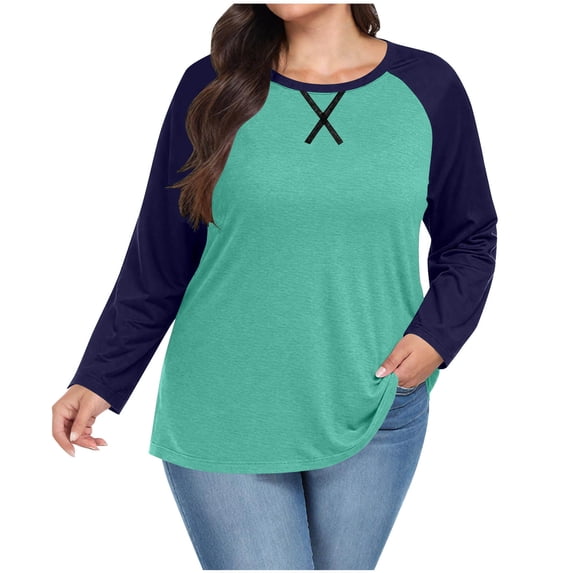 aohooy Plus Size Womens Baseball T Shirts Raglan Long Sleeve Color Block Tunic Top Spring Dressy Casual Basic Crewneck Tee Shirt Light Blue,XL