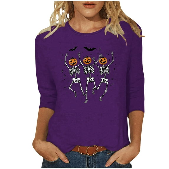 aohooy Plus Size Womens Halloween Tops 3/4 Sleeves Fall Shirts Halloween Theme Graphic Tees Tops Vacation Shirts Crewneck Pullover 2025 Purple,XXXXL
