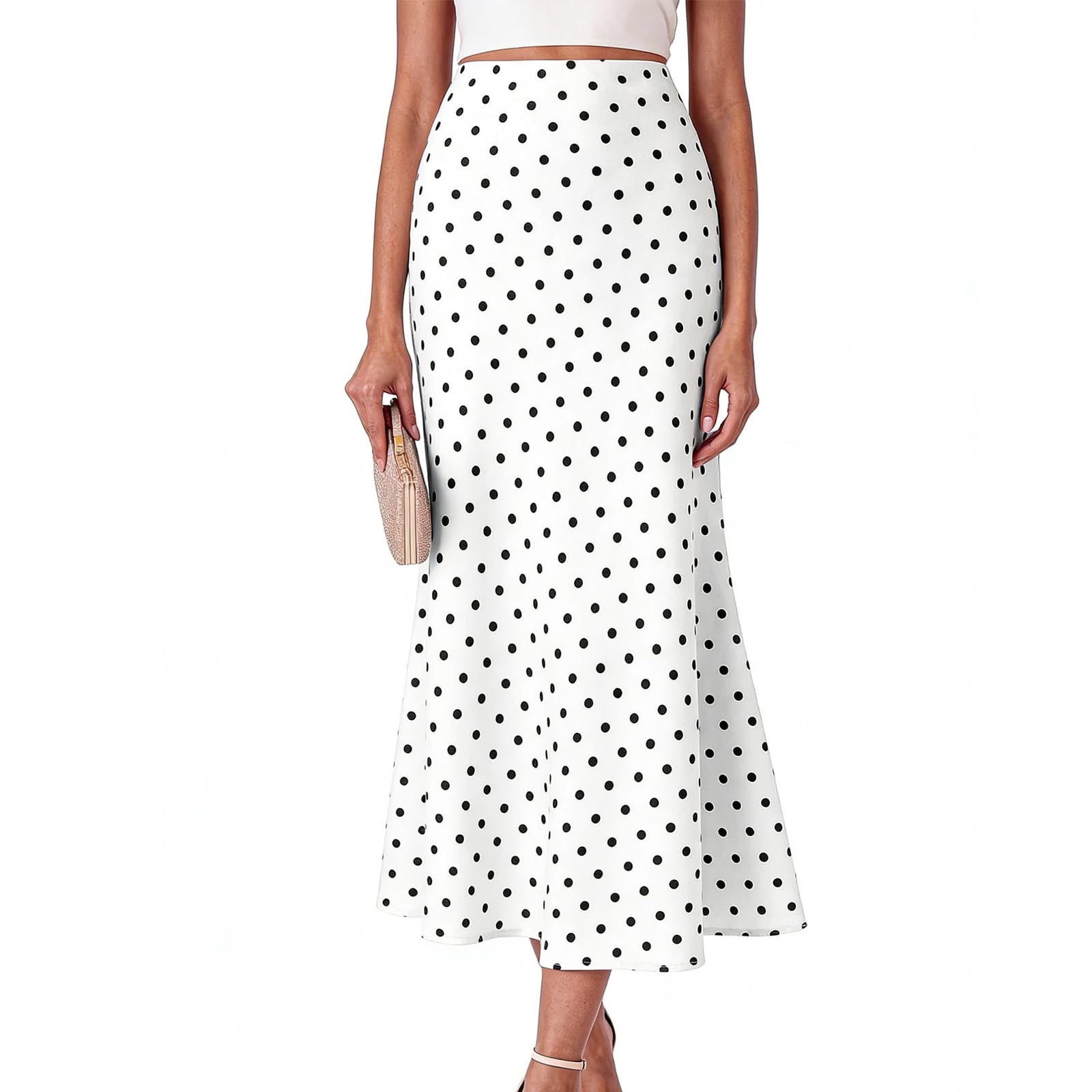 aohooy Polka Dot Skirts for Women Midi Length Invisible Zipper Summer ...