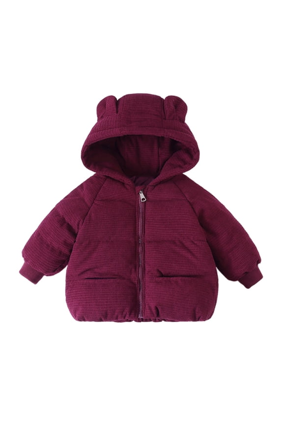 Polo Baby Puffer Corduroy Zip Up Thicken Cute Bear Jackets Winter Solid Long Sleeve Pocket Coats with Ear Wine,3-4Years