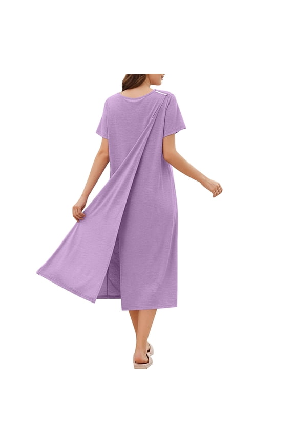 Post Shoulder Surgery Adaptive Nightgown Women Open Back Long Snap Button Robe for Elderly Patients Purple,S