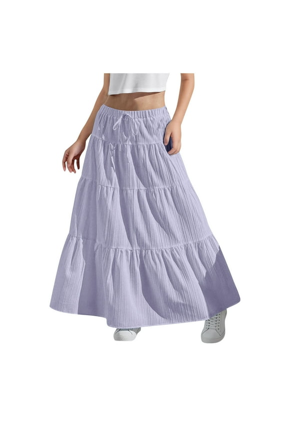 Preppy Skirts for Teen Girls Boho Flowy Flared Ruffle Maxi Skirts Tiered A-Line Elastic Waist Pleated Skirt Purple,6-7Years