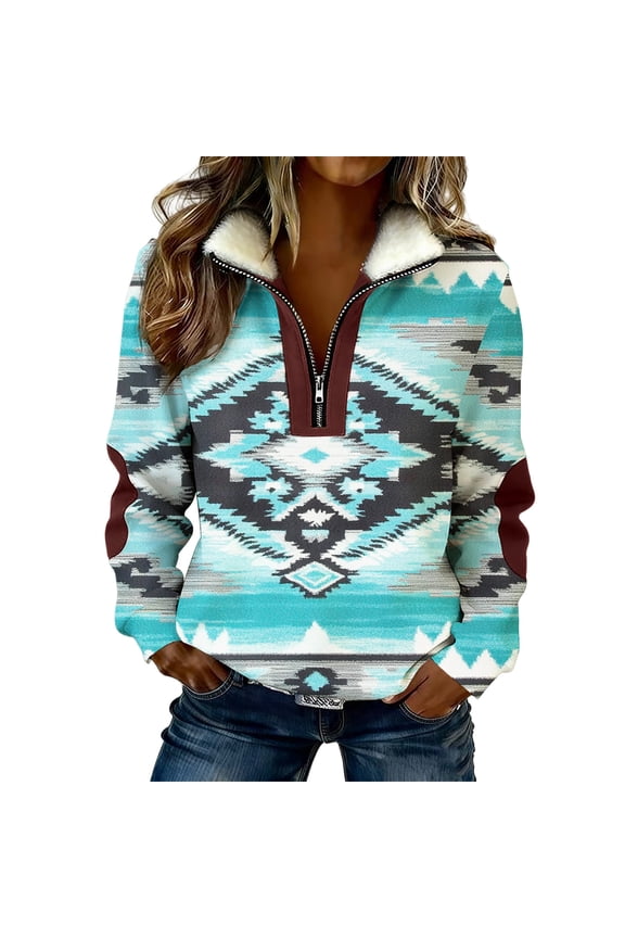 Quarter Zip Pullover Women Western Aztec Print Sherpa Collar Sweatshirts Warm Winter Graphic Long Sleeve Tops Multicolor,XXL